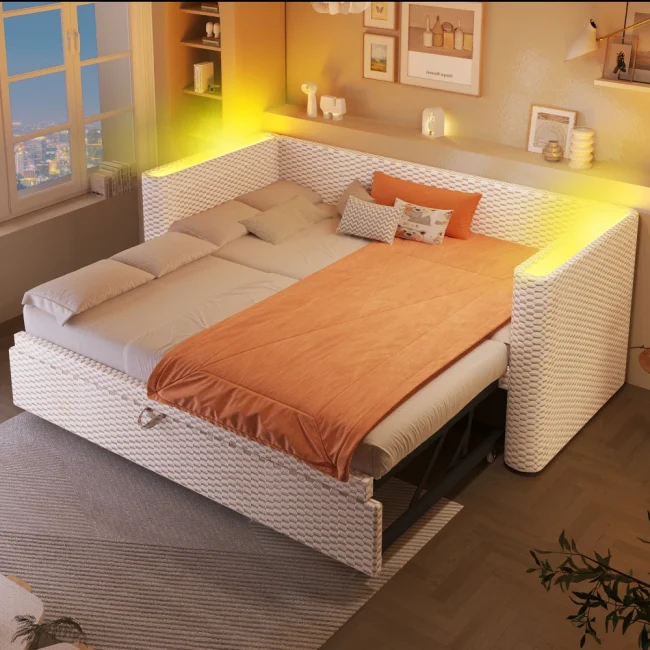 StayPlay Runaway Dagbed 200/180×200cm – Fluweel Beige met roosterdesign