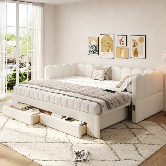 StayPlay Runaway Dagbed 90x200cm – Linnen Beige met USB-oplaadpoort en opbergruimte