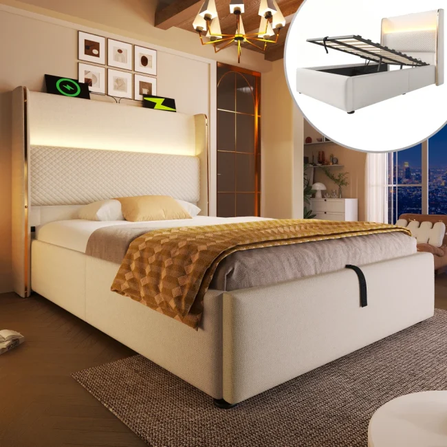 StayPlay Runaway Eenpersoonsbed – Linnen met LED-verlichting, USB-oplaadpoort en hydraulisch opbergsysteem, modern