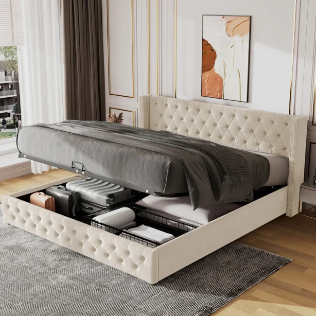 StayPlay Runaway Tweepersoonsbed 160x200cm – Fluweel Zwart met hydraulisch opbergsysteem en opbergruimte