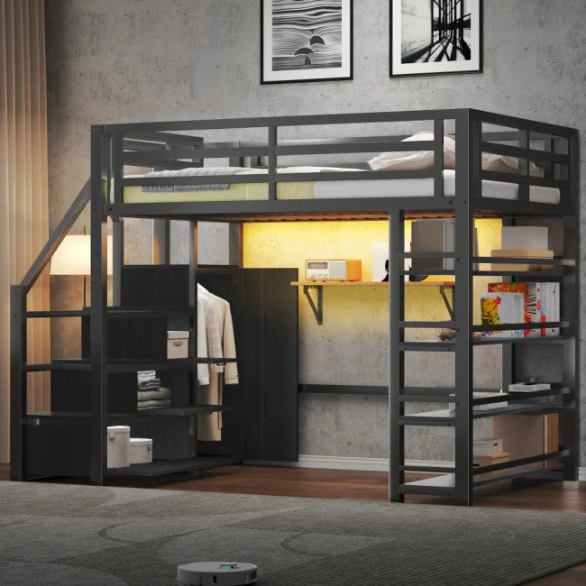 StayPlay Runaway Stapelbed 140x200cm – Metalen met LED-verlichting, opbergruimte en kledingkast