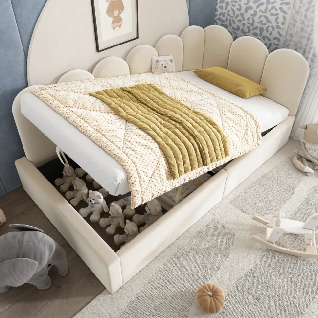 StayPlay Runaway Kinderbed – Fluweel Beige met hydraulisch opbergsysteem, opbergruimte en roosterdesign