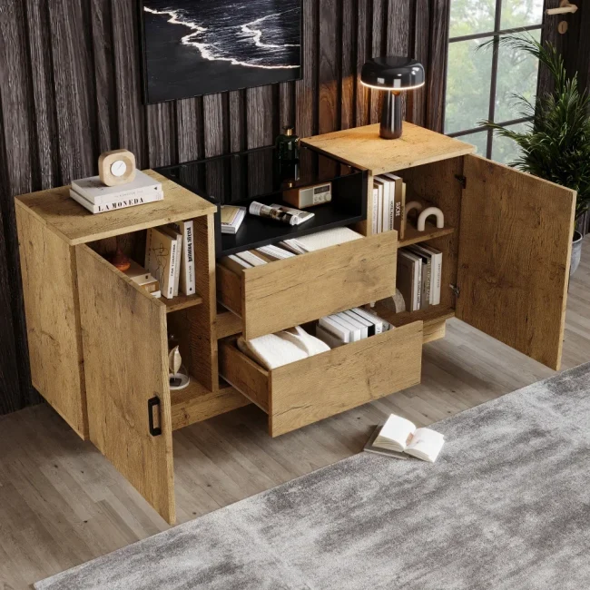 StayPlay Runaway Dressoir 70x140x40cm – Glas Zwart met 2 laden, verstelbare planken en gehard glas