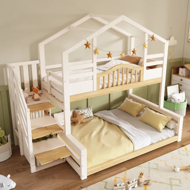 StayPlay Runaway Stapelbed – Hout Wit met veilige trap, naturel