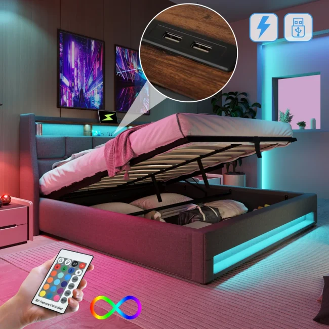 StayPlay Runaway Tweepersoonsbed – Metalen met LED-verlichting, USB-oplaadpoort en roosterdesign