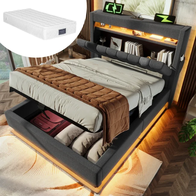 StayPlay Runaway Eenpersoonsbed met LED-verlichting, hydraulisch opbergsysteem en opbergruimte