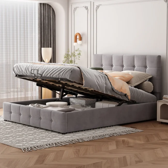 StayPlay Runaway Tweepersoonsbed – Fluweel met hydraulisch opbergsysteem, opbergruimte en roosterdesign