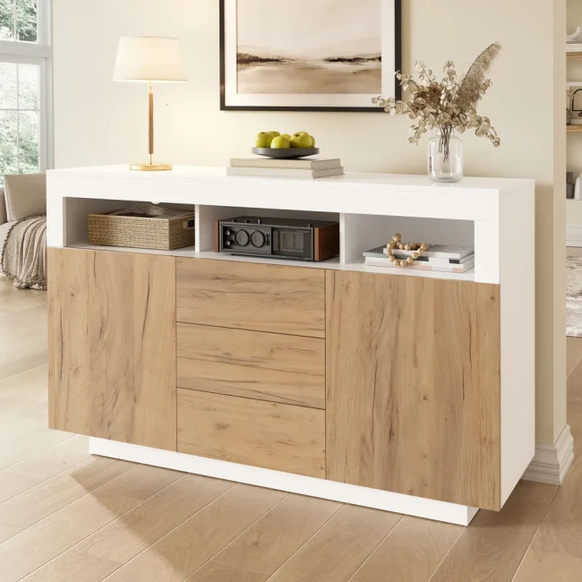 StayPlay Runaway Sideboard 140×40×85cm – Hout Wit met 3 laden en 2 deuren
