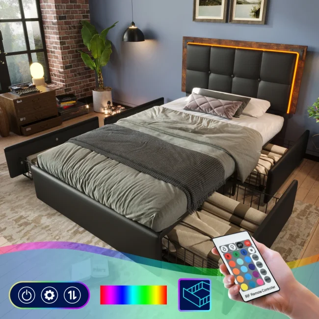 StayPlay Runaway Eenpersoonsbed – PU-leer Zwart met LED-verlichting, opbergruimte en verstelbare hoogte