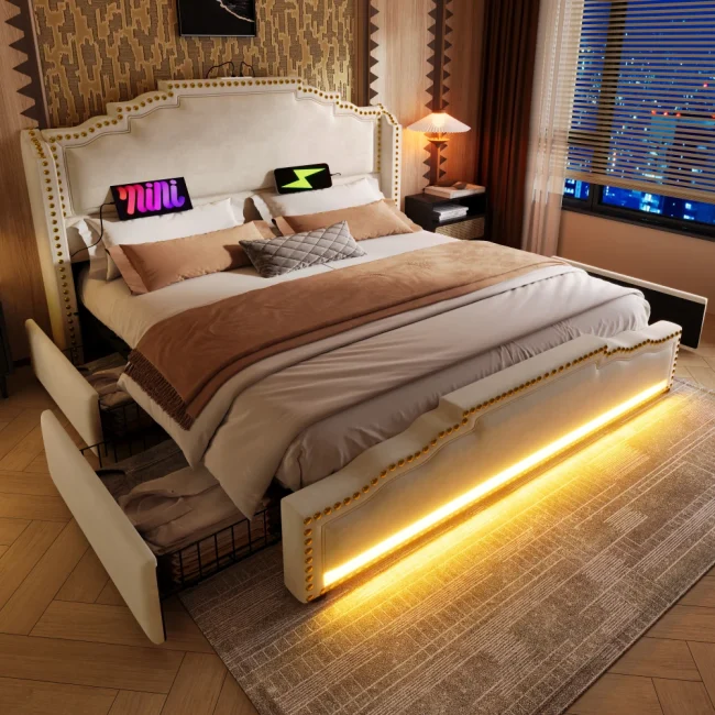 StayPlay Runaway Tweepersoonsbed met LED-verlichting, USB-oplaadpoort en opbergruimte – Serie 2