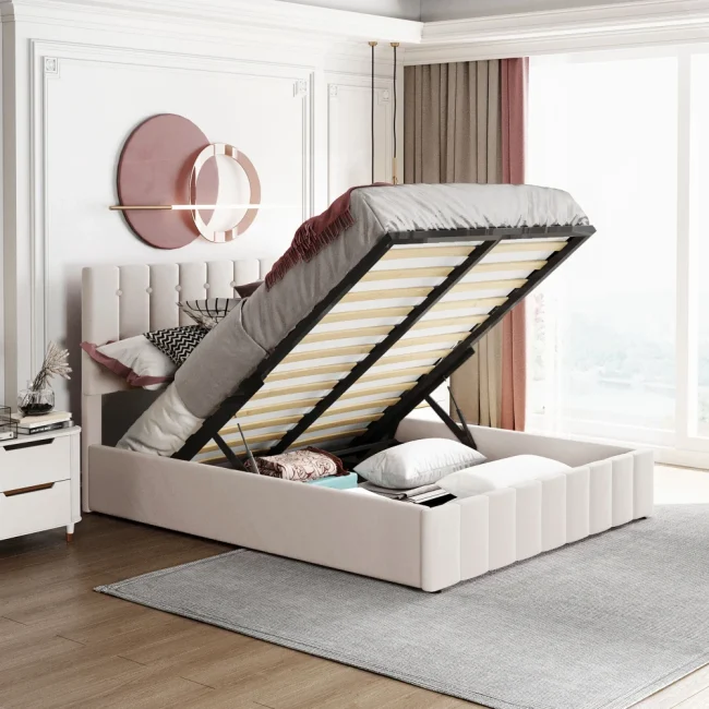 StayPlay Runaway Tweepersoonsbed – Fluweel met hydraulisch opbergsysteem, opbergruimte en lattenbodem