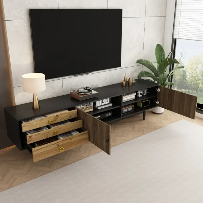 StayPlay Runaway TV-kast 180x50x38cm – Hout Zwart met 3 laden