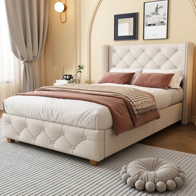 StayPlay Runaway Gestoffeerd Bed 90x200cm – Massief Hout Beige met roosterdesign