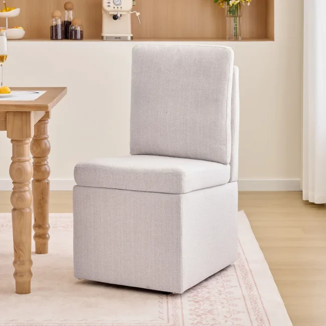 StayPlay Runaway Eetkamerstoel – Chenille Beige met armleuningen en opbergruimte