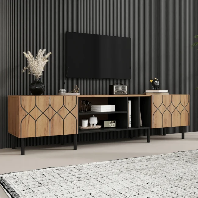 StayPlay Runaway TV-meubel 180x40x50cm – Hout Zwart met 2 deuren