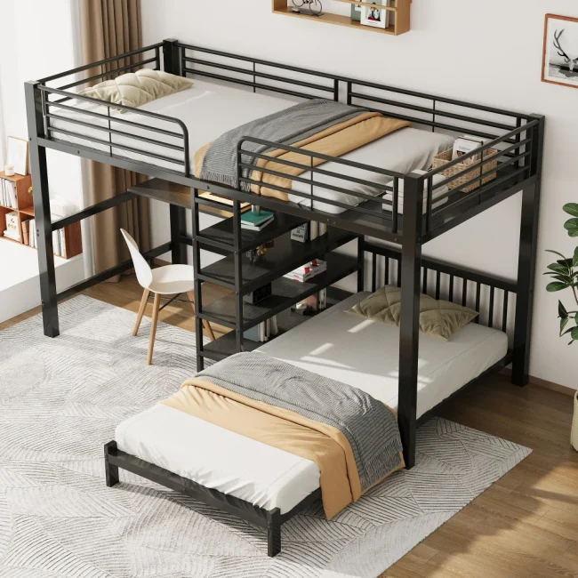 StayPlay Runaway Hoogslaper 90x200cm – Metalen Zwart met ingebouwd bureau