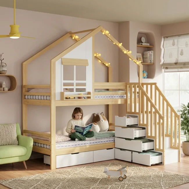 StayPlay Runaway Stapelbed 90x200cm – Grenen Wit met opbergruimte en huisvormig raamdesign