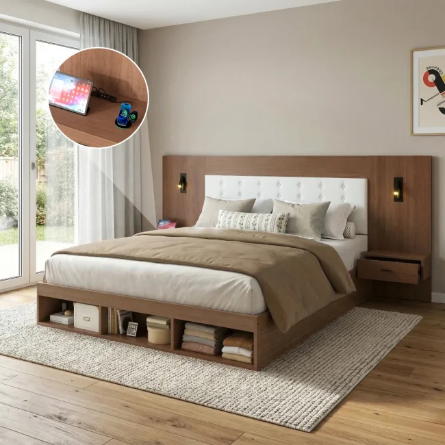 StayPlay Runaway Tweepersoonsbed met USB-oplaadpoort, opbergruimte en ingebouwd nachtkastje