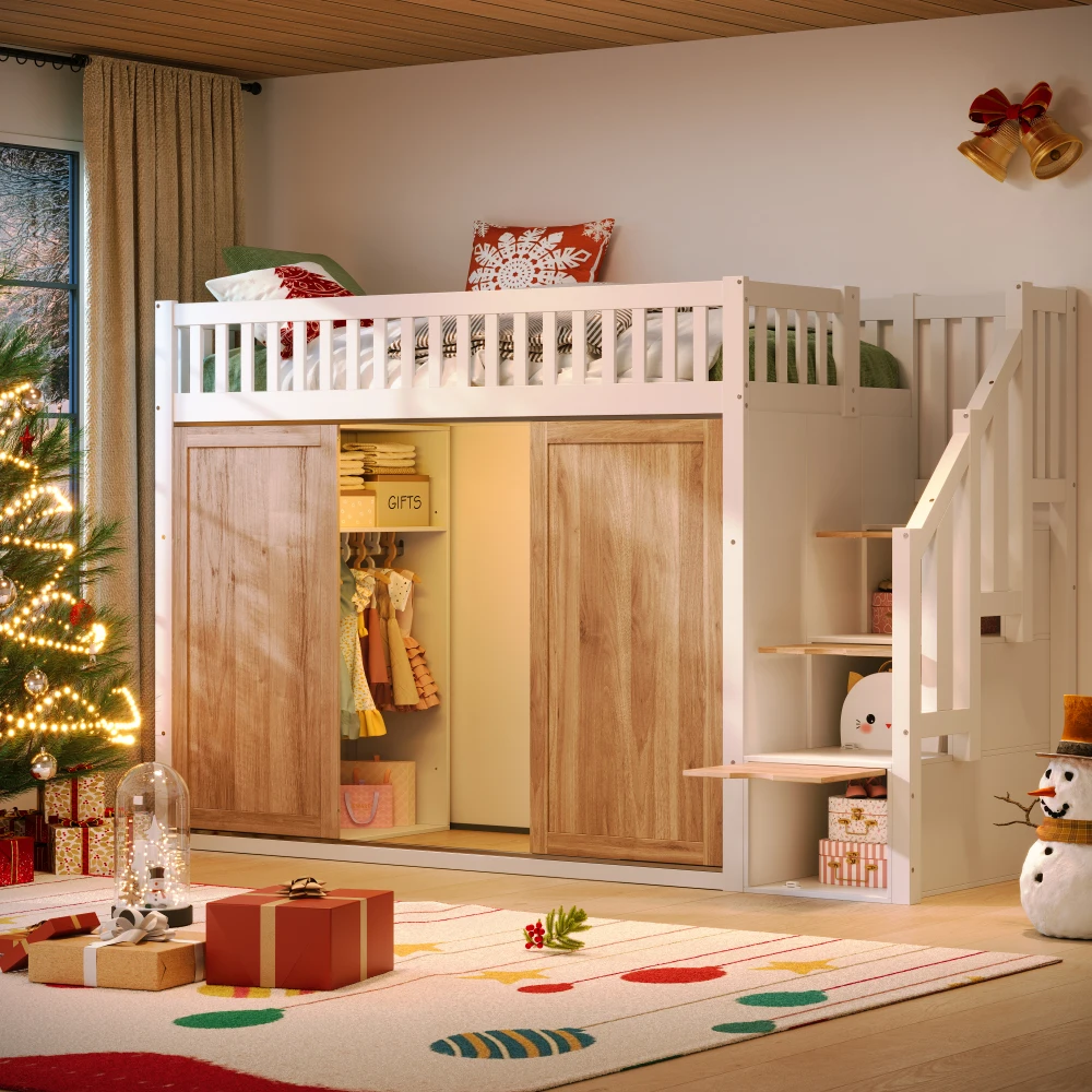 StayPlay Runaway Kinderstapelbed 90x200cm met veilige trap en kledingkast