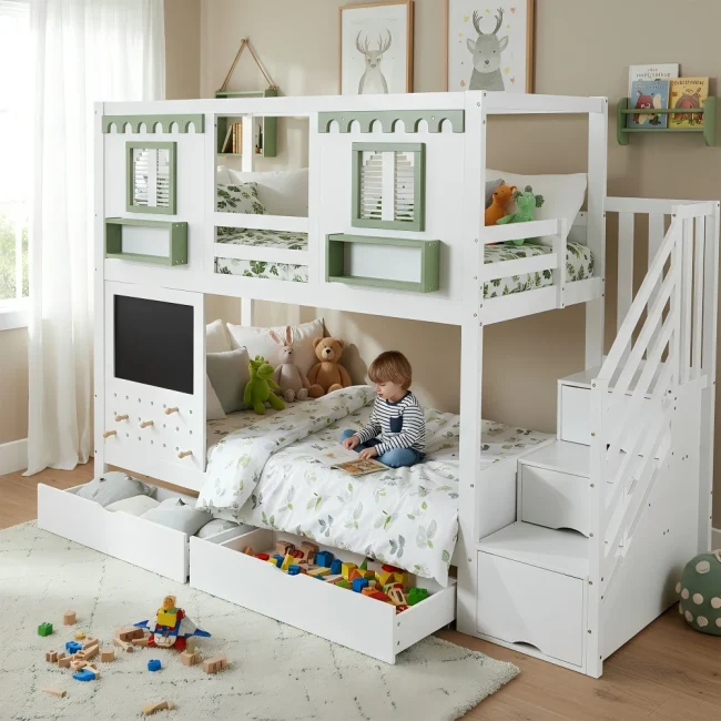StayPlay Runaway Kinderstapelbed 90x200cm – Hout met opbergruimte en veilige trap