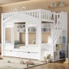 StayPlay Runaway Kinderstapelbed 90x200cm – Hout Wit met opbergruimte, veilige trap en huisvormig raamdesign