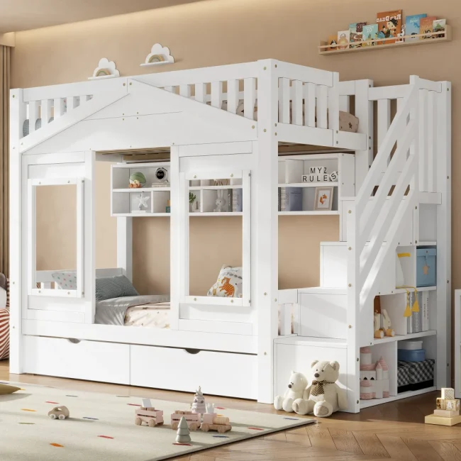StayPlay Runaway Kinderstapelbed 90x200cm – Hout Wit met opbergruimte, veilige trap en huisvormig raamdesign
