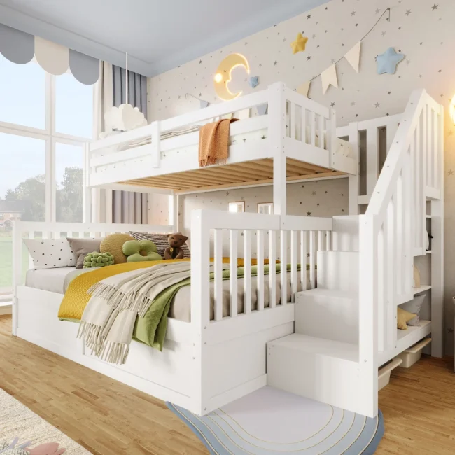 StayPlay Runaway Kinderstapelbed 90x200cm met hydraulisch opbergsysteem, opbergruimte en veilige trap