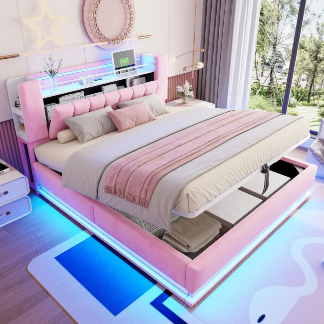 StayPlay Runaway Hydraulisch Bed 90x200cm – Fluweel met LED-verlichting, USB-oplaadpoort en hydraulisch opbergsysteem