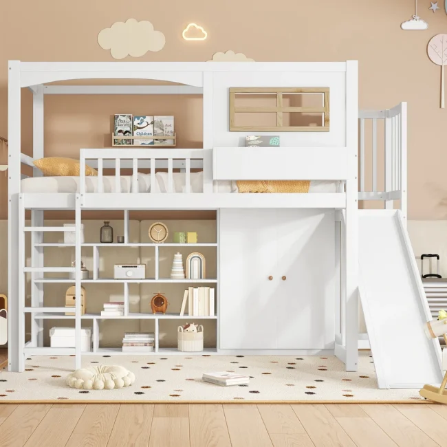 StayPlay Runaway Stapelbed 90x200cm – Grenen met opbergruimte, glijbaan en veilige trap