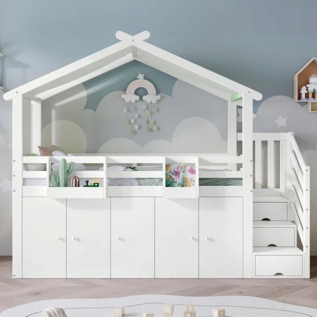 StayPlay Runaway Stapelbed 90x200cm – Grenen met veilige trap en kledingkast
