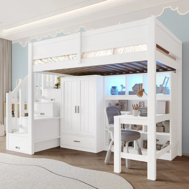 StayPlay Runaway Stapelbed 90x200cm – Wit met LED-verlichting, veilige trap en ingebouwd bureau