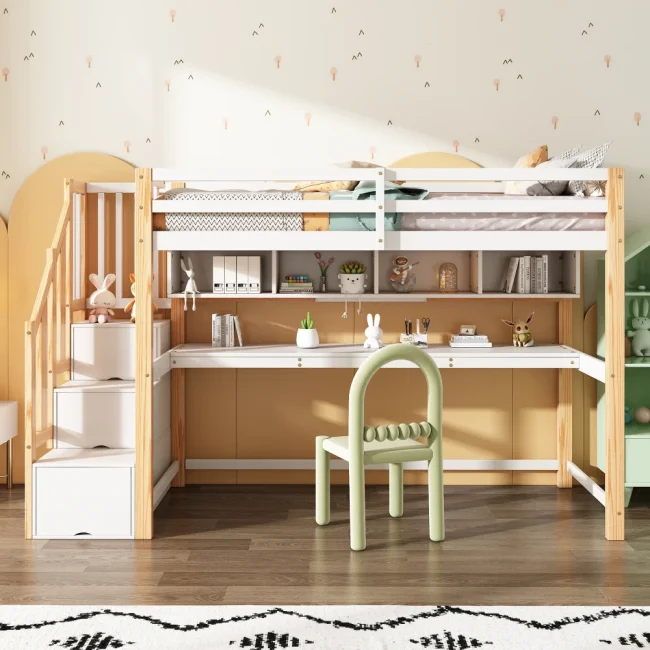 StayPlay Runaway Kinderbed – Wit met veilige trap en ingebouwd bureau