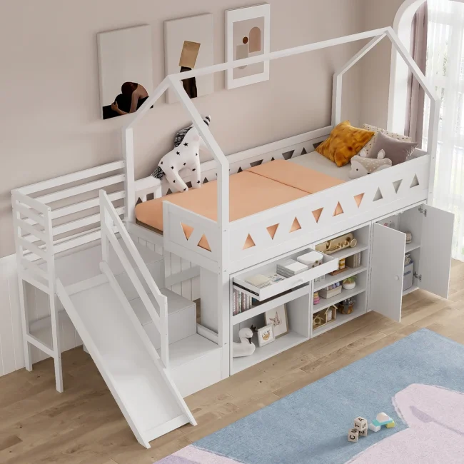 StayPlay Runaway Kinderbed – Massief Hout Wit met opbergruimte, glijbaan en veilige trap