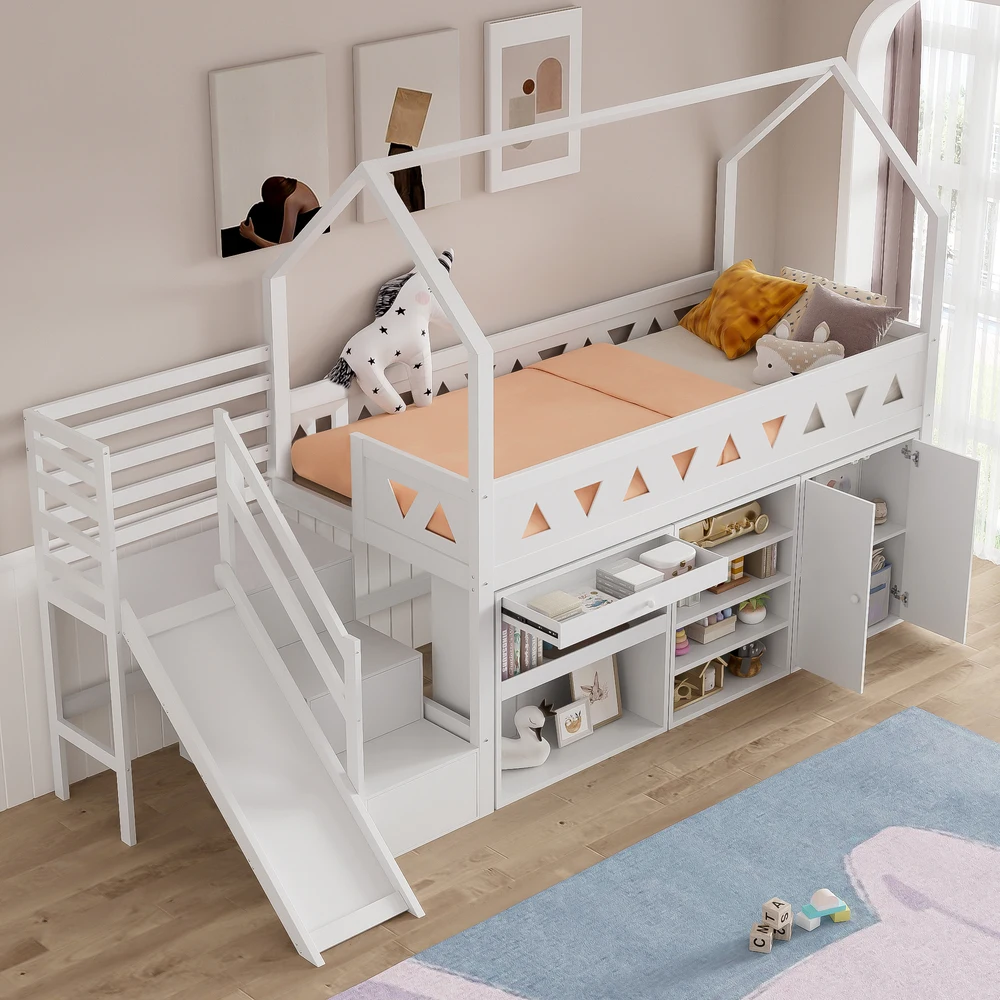 StayPlay Runaway Kinderbed – Massief Hout Wit met opbergruimte, glijbaan en veilige trap