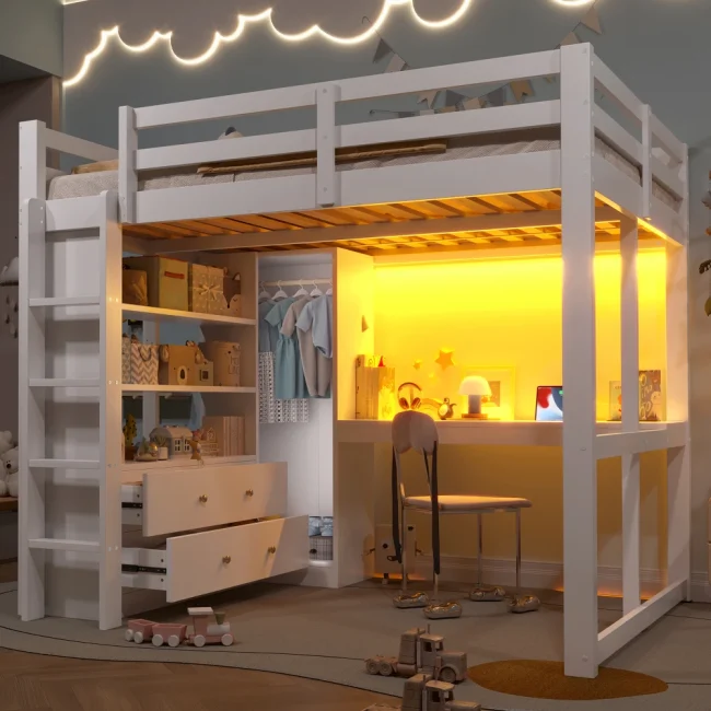 StayPlay Runaway Kinderbed 140x200cm – Wit met LED-verlichting, USB-oplaadpoort en ingebouwd bureau