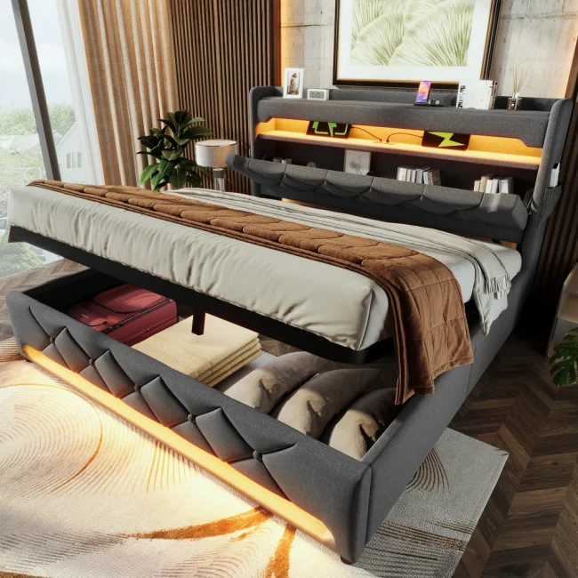 StayPlay Runaway Tweepersoonsbed – Linnen met hydraulisch opbergsysteem en opbergruimte, opberghoofdbord