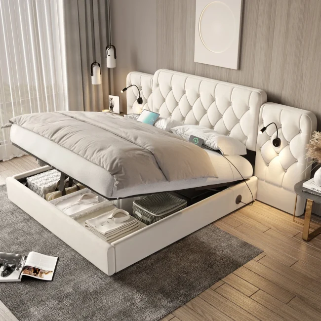 StayPlay Runaway Bedframe 160x200cm – Fluweel met USB-oplaadpoort, hydraulisch opbergsysteem en ingebouwd bureau
