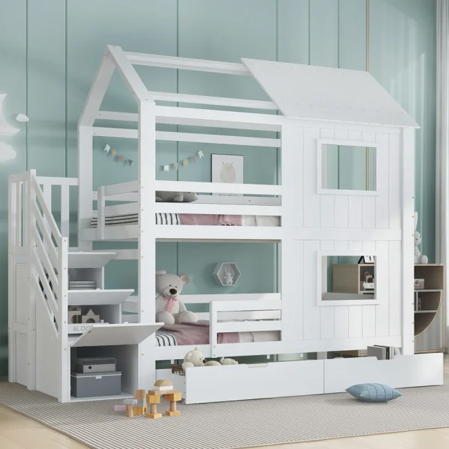 StayPlay Runaway Stapelbed 90x200cm met opbergruimte, veilige trap en huisvormig raamdesign