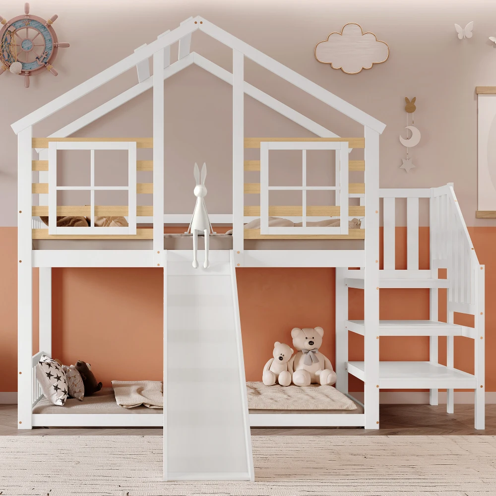 StayPlay Runaway Stapelbed 90x200cm – Massief Hout met glijbaan, veilige trap en veiligheidsrand