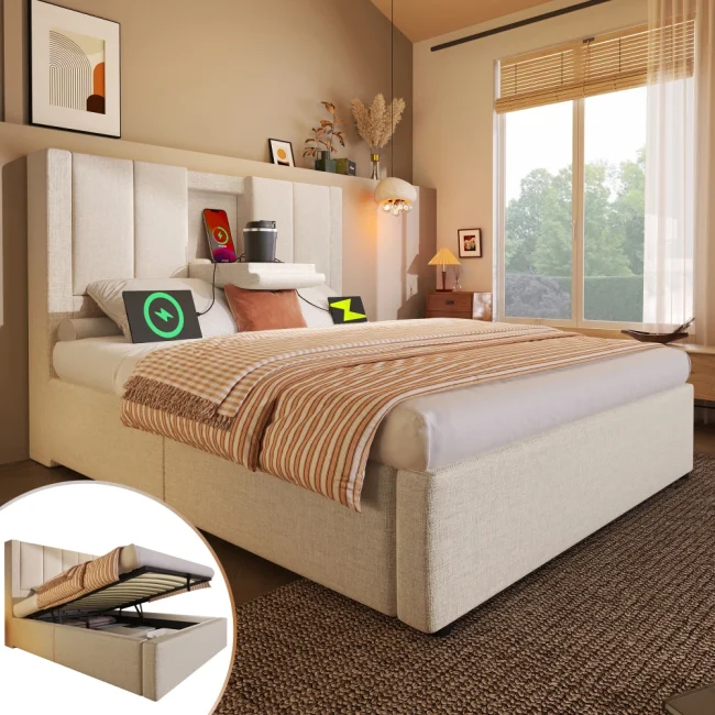 StayPlay Runaway Gestoffeerd Bed – Linnen met hydraulisch opbergsysteem en opbergruimte