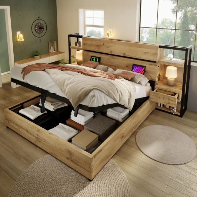 StayPlay Runaway Tweepersoonsbed met USB-oplaadpoort, hydraulisch opbergsysteem en opbergruimte