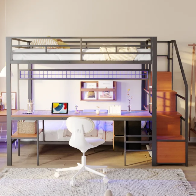 StayPlay Runaway Stapelbed – Metalen met opbergruimte en ingebouwd bureau
