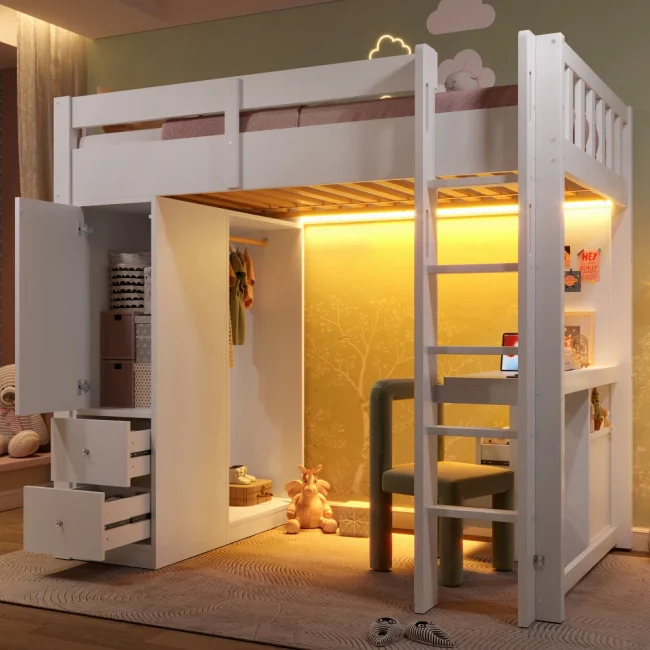 StayPlay Runaway Stapelbed 90x200cm – Wit met LED-verlichting, USB-oplaadpoort en opbergruimte