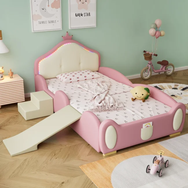 StayPlay Runaway Gestoffeerd Bed 90x200cm – PU-leer met glijbaan en veilige trap