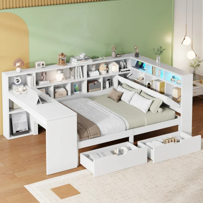 StayPlay Runaway Kinderbed – Hout met LED-verlichting en ingebouwd bureau