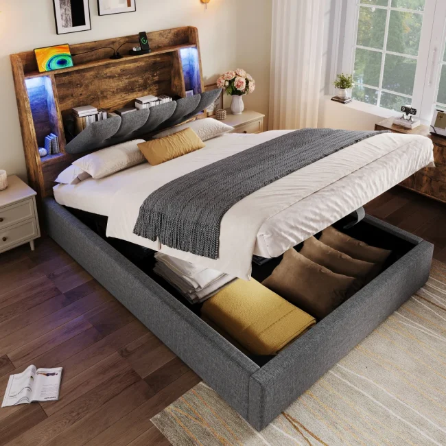 StayPlay Runaway Gestoffeerd Bed 90x200cm – Linnen met LED-verlichting, USB-oplaadpoort en opbergruimte