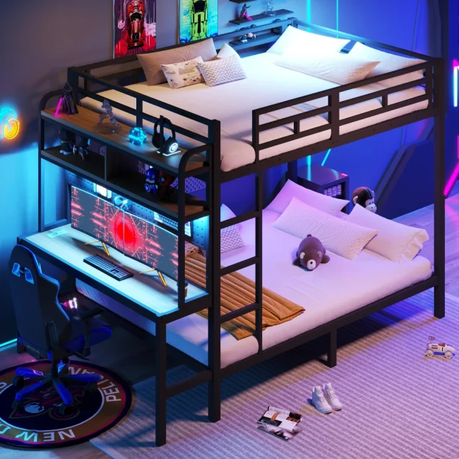 StayPlay Runaway Kinderstapelbed 140x200cm – IJzer met LED-verlichting, USB-oplaadpoort en ingebouwd bureau