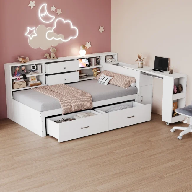 StayPlay Runaway Slaapbank 90x200cm – Hout met opbergruimte en ingebouwd bureau