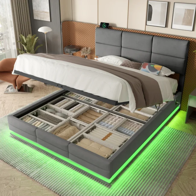 StayPlay Runaway Gestoffeerd Bed 140x200cm – Fluweel met LED-verlichting, hydraulisch opbergsysteem en verstelbare hoogte