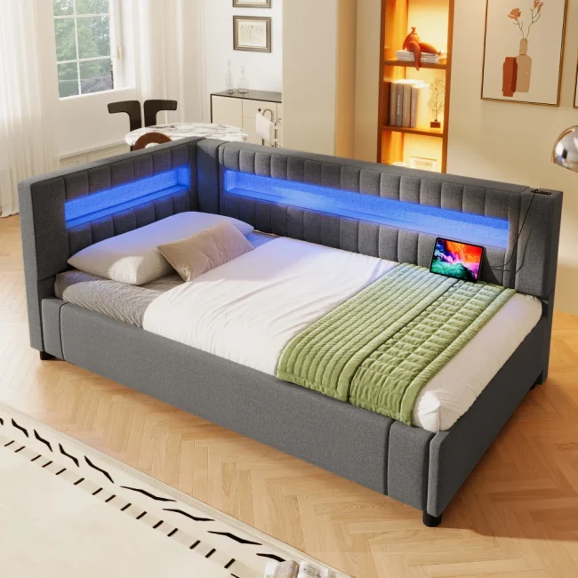 StayPlay Runaway Slaapbank – Linnen met LED-verlichting, USB-oplaadpoort en hydraulisch opbergsysteem